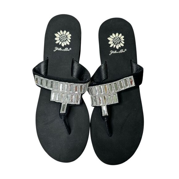 YELLOW BOX Black Alexandria Rhinestone Wedge Flip Flops Size 8.5 - Picture 1 of 10